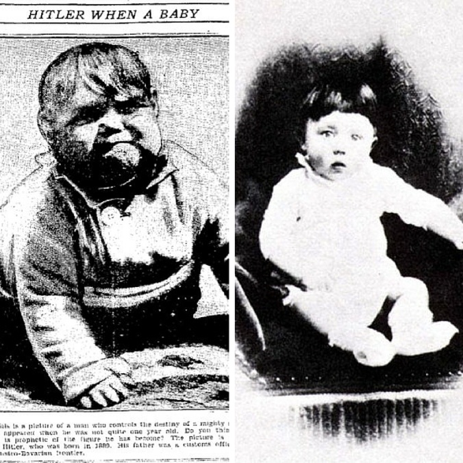 A sinistra l'immagine pubblicata nel 1933 su alcune testate americane, a sinistra un ritratto di Adolf Hitler quando aveva meno di un anno